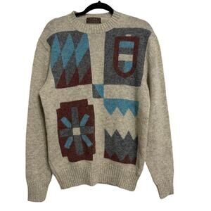 Thane Vintage Scottish Shetland Wool Geometric Aztec Print Sweater Tan Size L